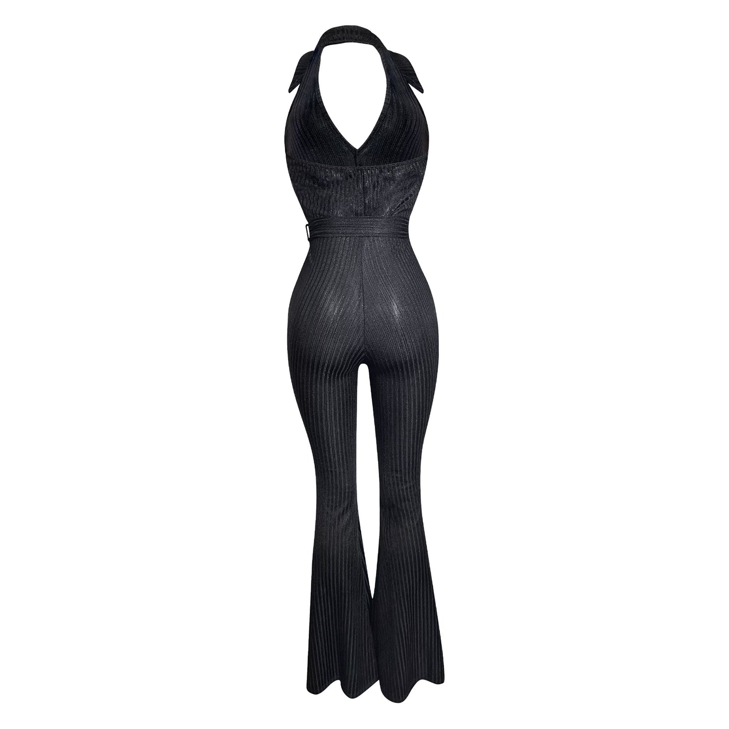 Black Ribbed Halter Flare Jumpsuit