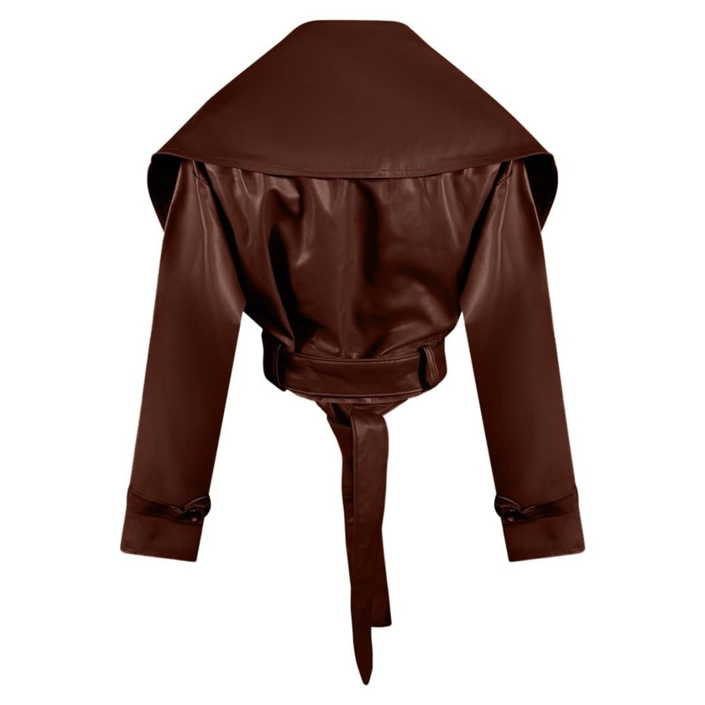 Back view of mocha brown cropped trench coat with belted waist.
