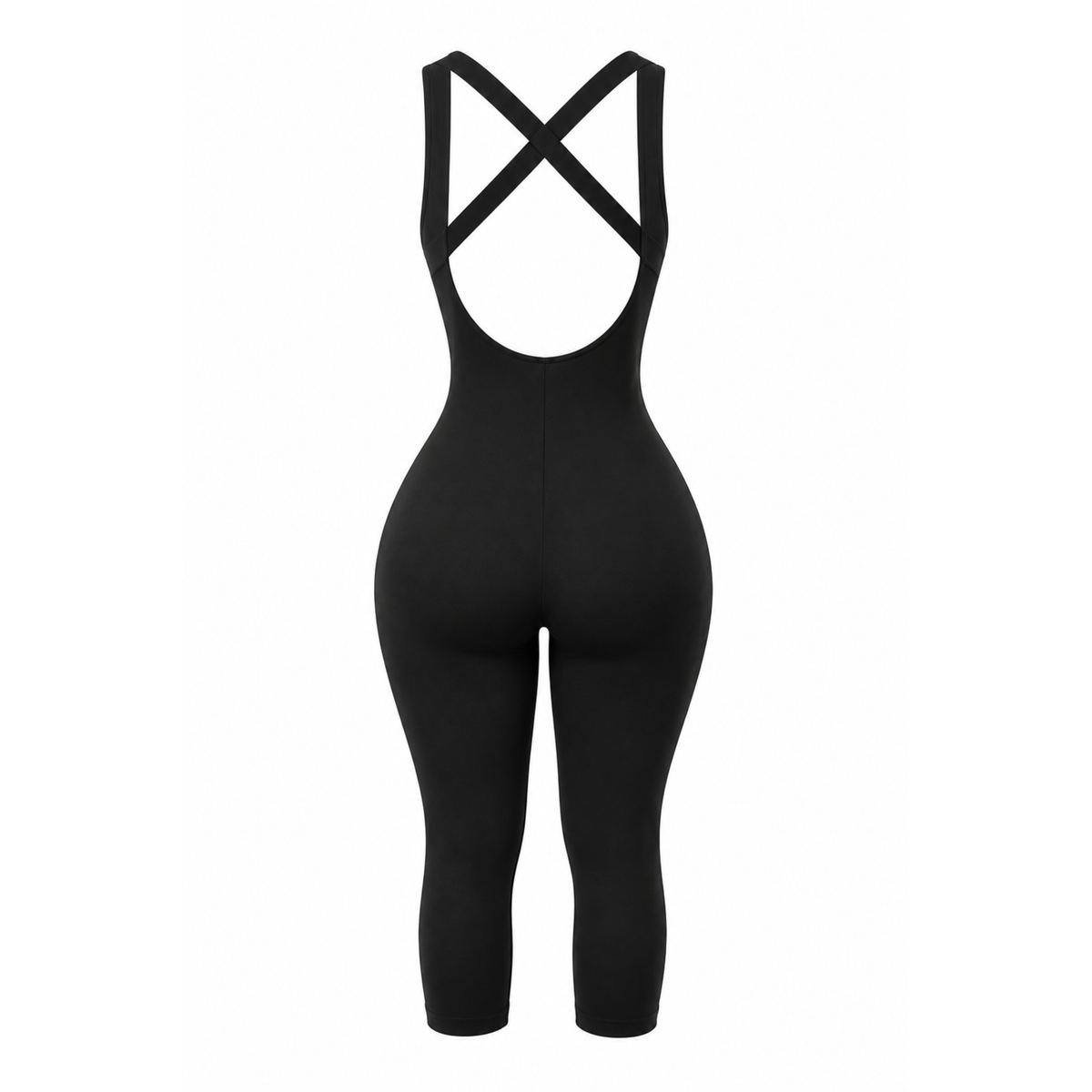 Women's black sleeveless crisscross back capri jumpsuit featuring a low open back, wide cross-back straps, soft stretch fabric, pull-on design, and capri length legs.