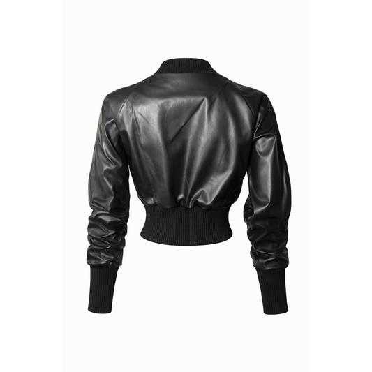 Black faux leather cropped bomber jacket back view with ribbed collar, cuffs, and ribbed waist.