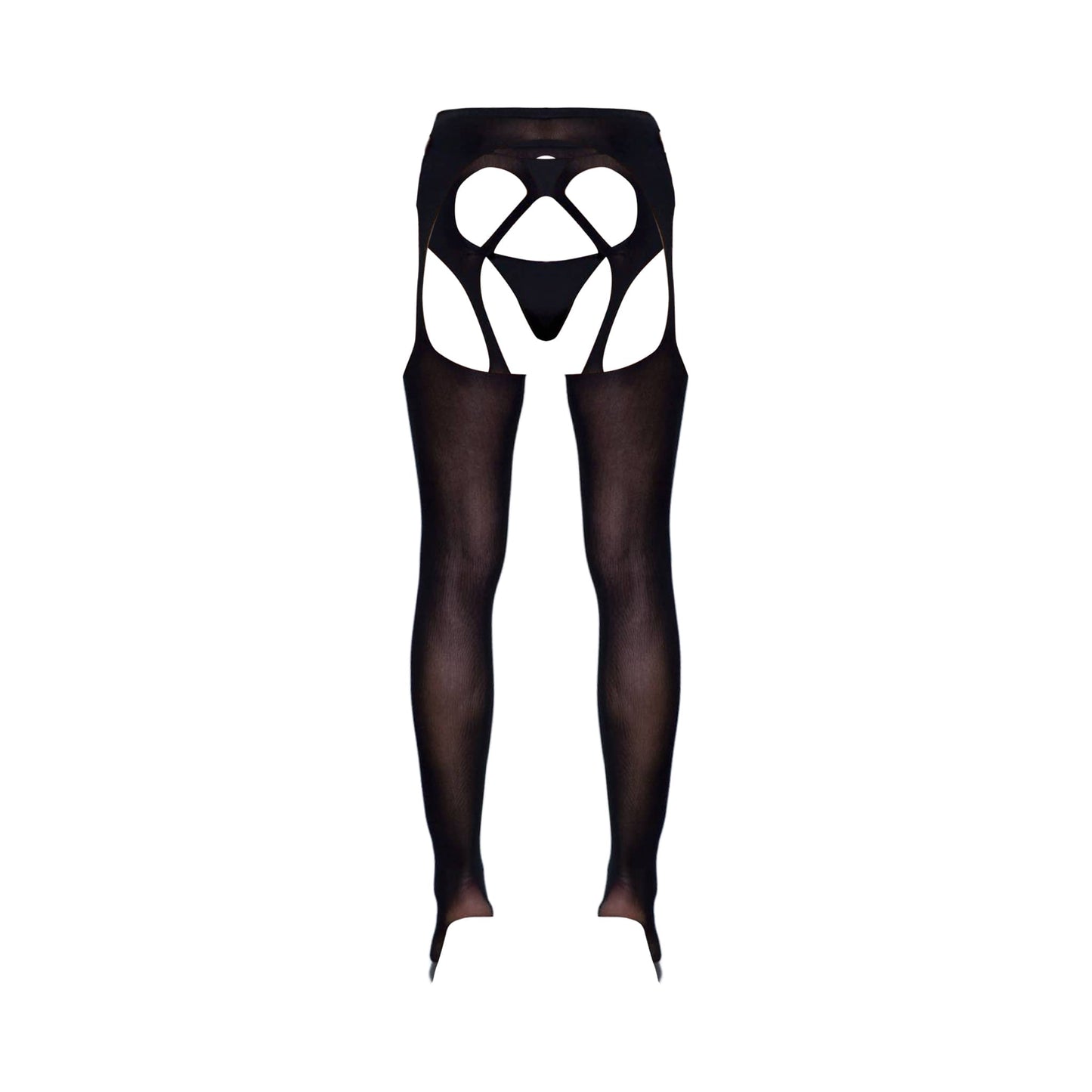 Back view of black high-waisted fishnet stockings with strappy suspender detail, made of 92% nylon and 8% spandex. Thong not included.