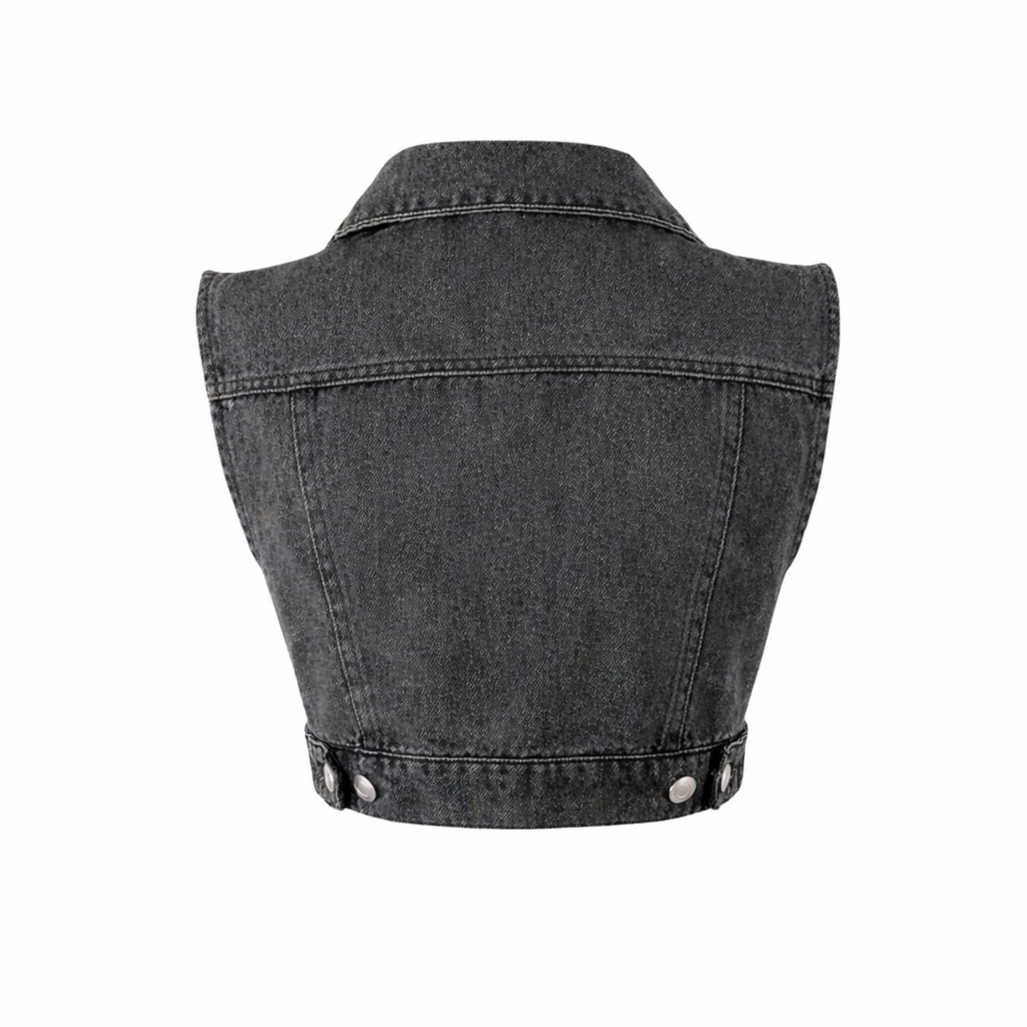 Back view of black wash denim crop vest with sleeveless design and collar, made from 100% cotton.