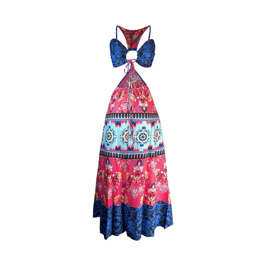Back view of indigo blue and pink multi-pattern maxi sundress featuring an open back with tie detail and O-ring accent in handmade Colombian style silk.