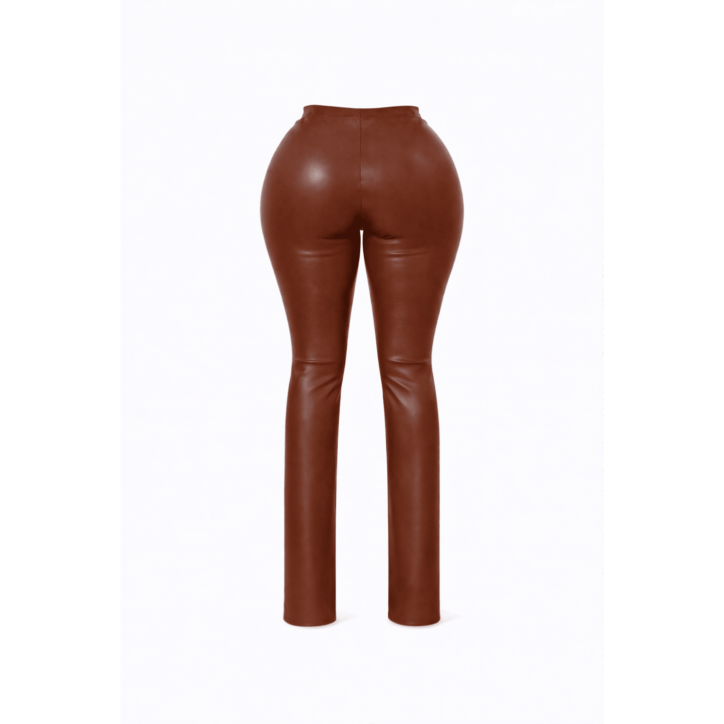 Back view of cognac brown faux leather lace-up flare pants, high-waisted women’s pants.
