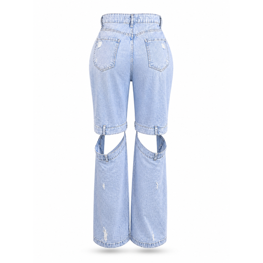 Light wash cut-out strap buckle wide leg denim jeans front view Piecez.