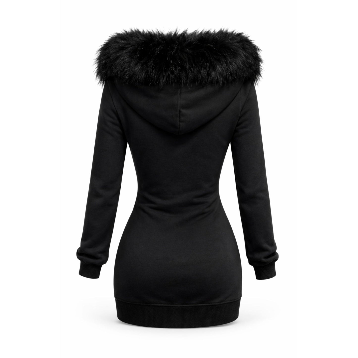 Black hoodie dress with a faux fur-lined hood with drawstrings and long sleeves.