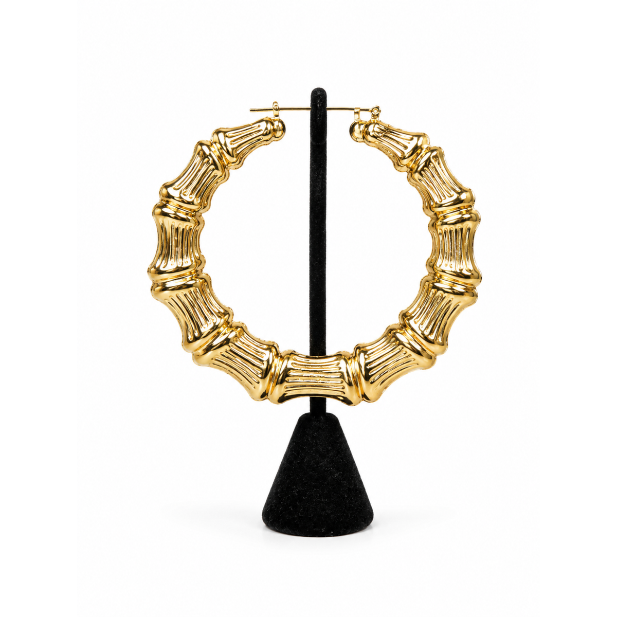 Gold round bamboo hoop earrings with textured ribbed detailing and polished high-shine finish**