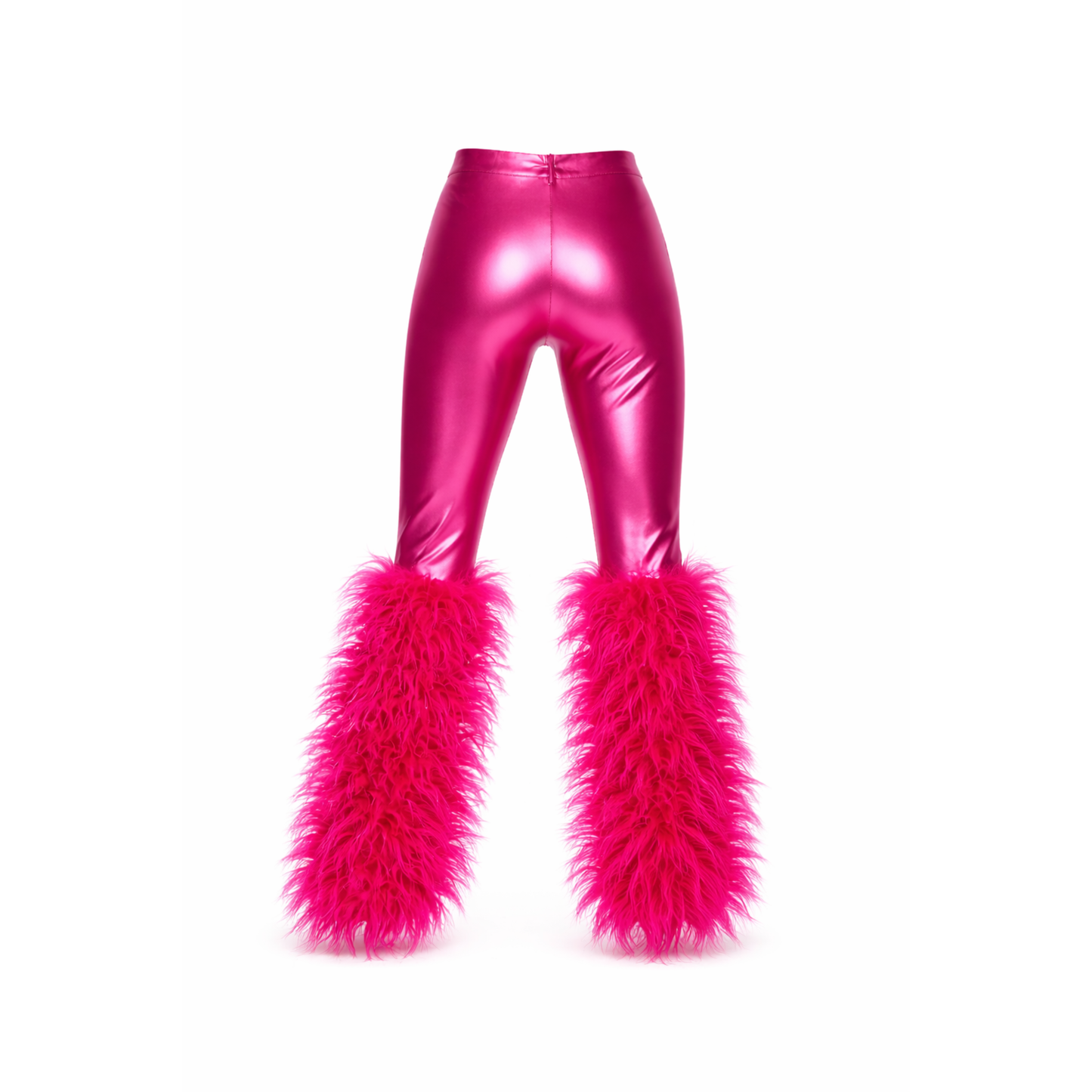 Back view of hot pink faux leather skinny pants with faux fur leg detail.