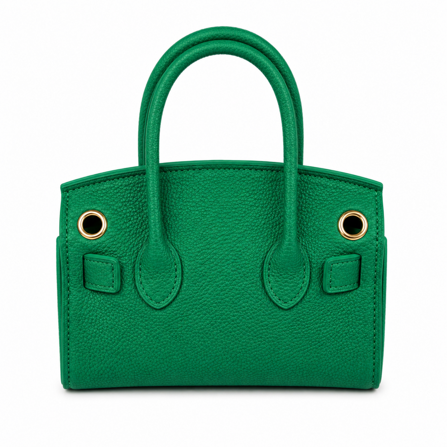 Jewel green mini satchel handbag back view featuring a structured silhouette, dual top handles, textured finish, and detachable shoulder strap.