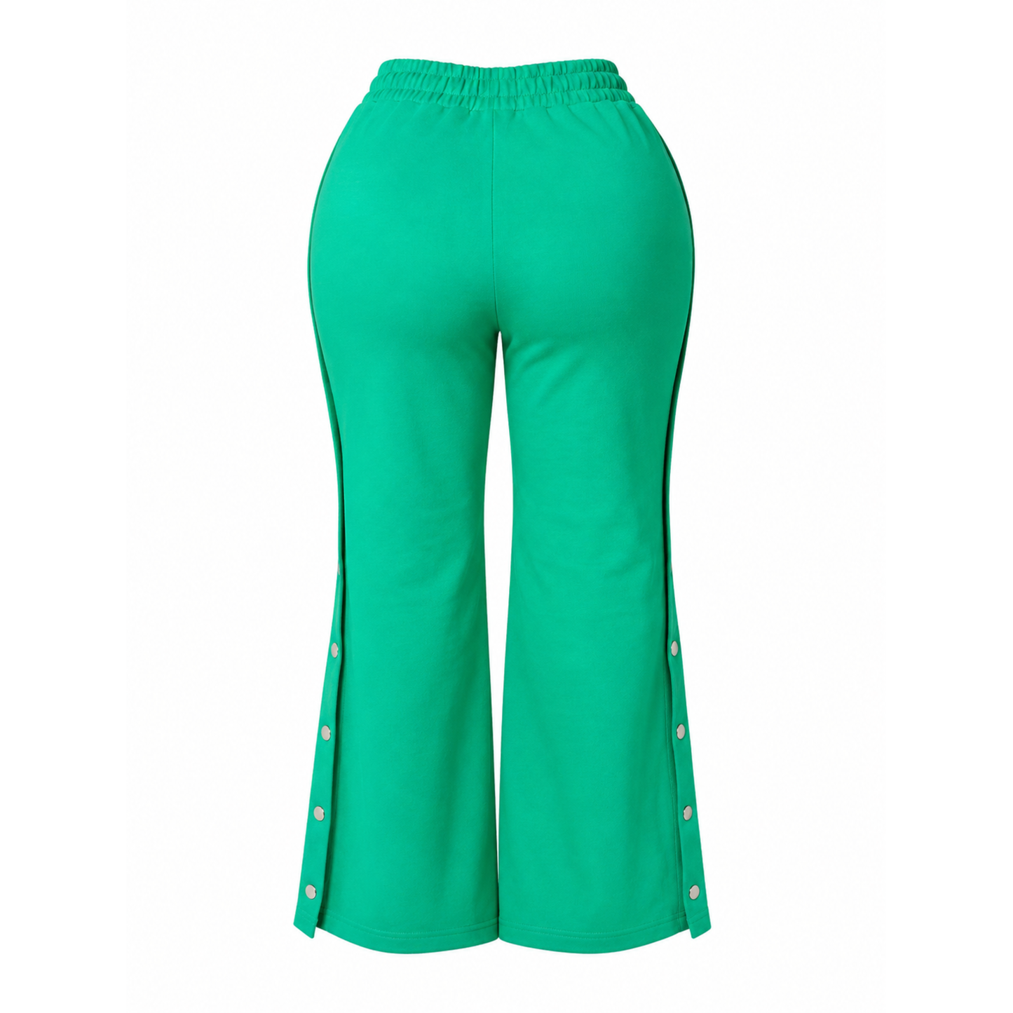 Kelly Green wide leg side snap pants with high waist fit and silver snap detailing.