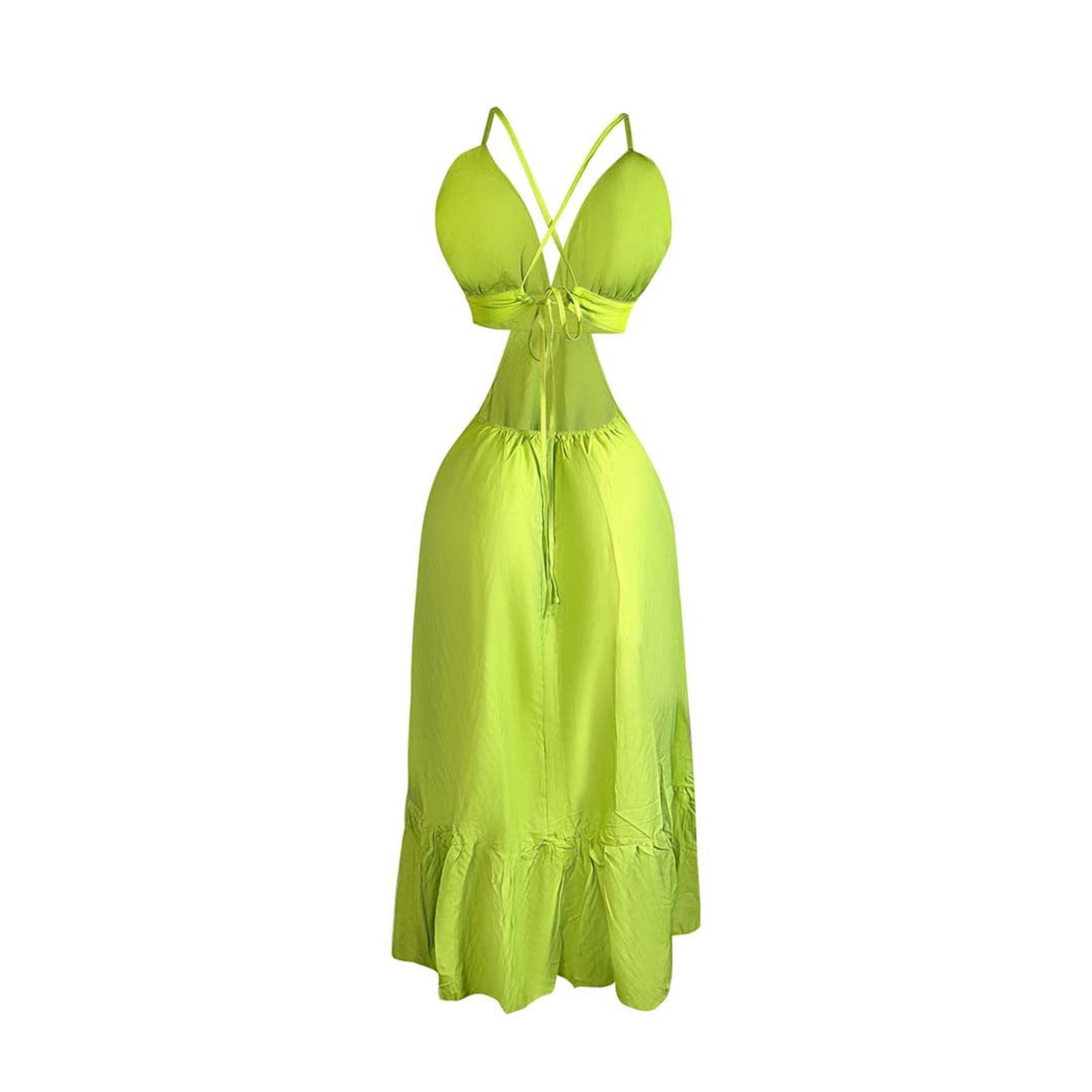Lime green flowy silk maxi dress with deep V neckline, criss cross tie open back, cut out detail, and elastic waist in Colombian style silk fabric.