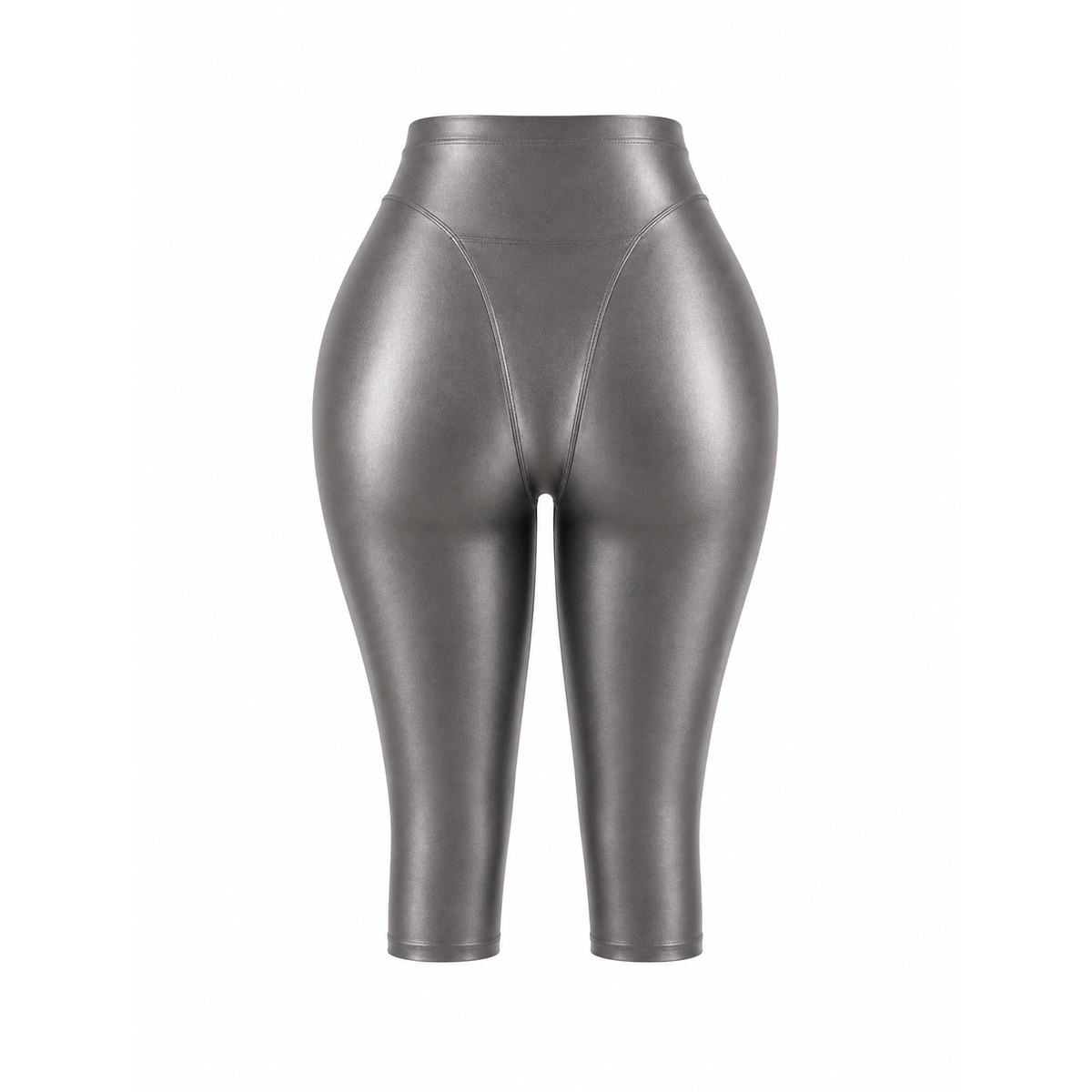 Metallic charcoal gray high-waisted capri leggings with curve-enhancing seam detail, back view