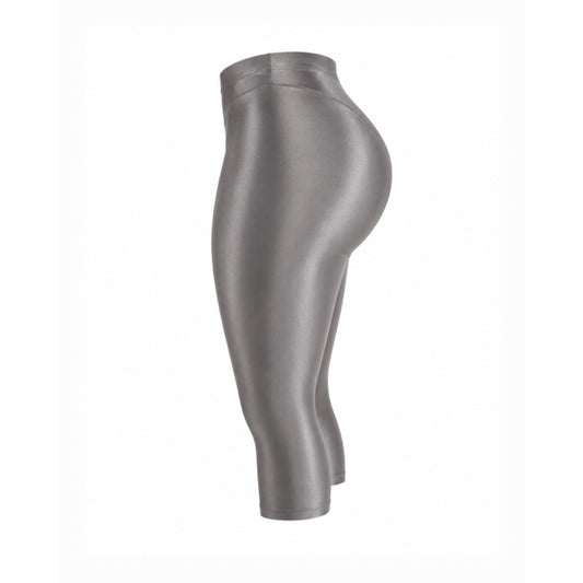 Metallic charcoal gray high-waisted capri leggings with curve-enhancing fit, side view