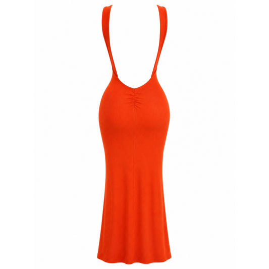 Back view of orange open back ruched bodycon maxi dress featuring an elegant backless design, curve-hugging fit, and flattering ruched silhouette from Piecez.”
