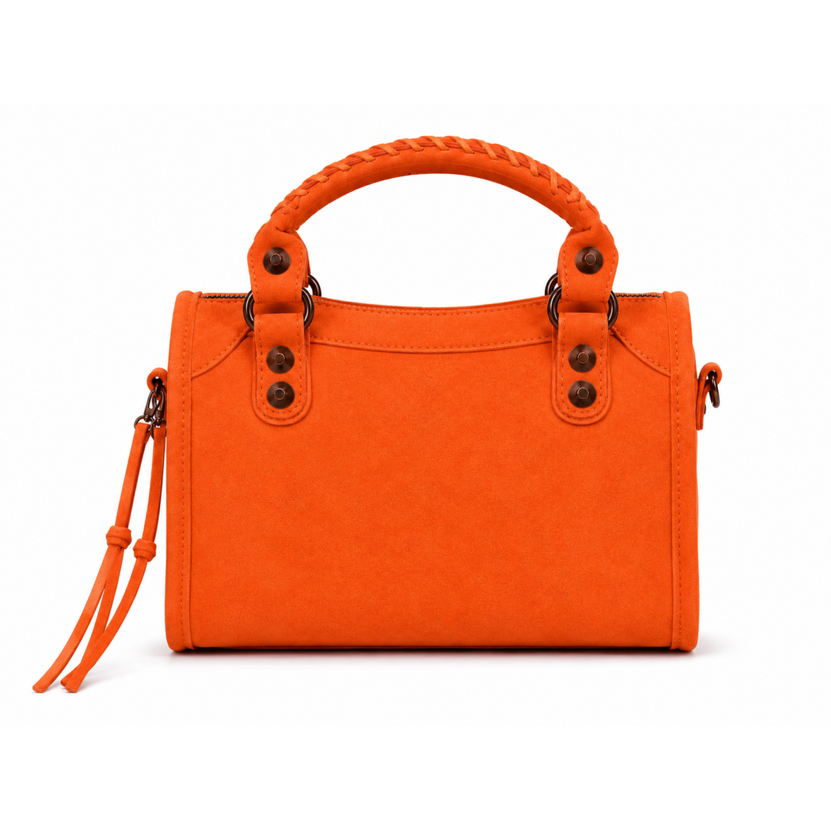 Orange studded moto tassel satchel handbag with suede-look finish, antique bronze hardware, two top handles and structured back view