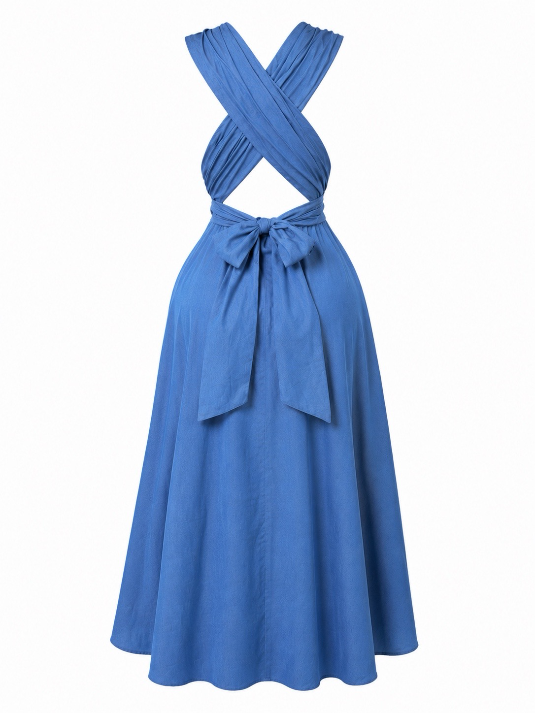 Blue open-back wrap maxi dress with wrap-around back detail and tie-back closure back view by Piecez.