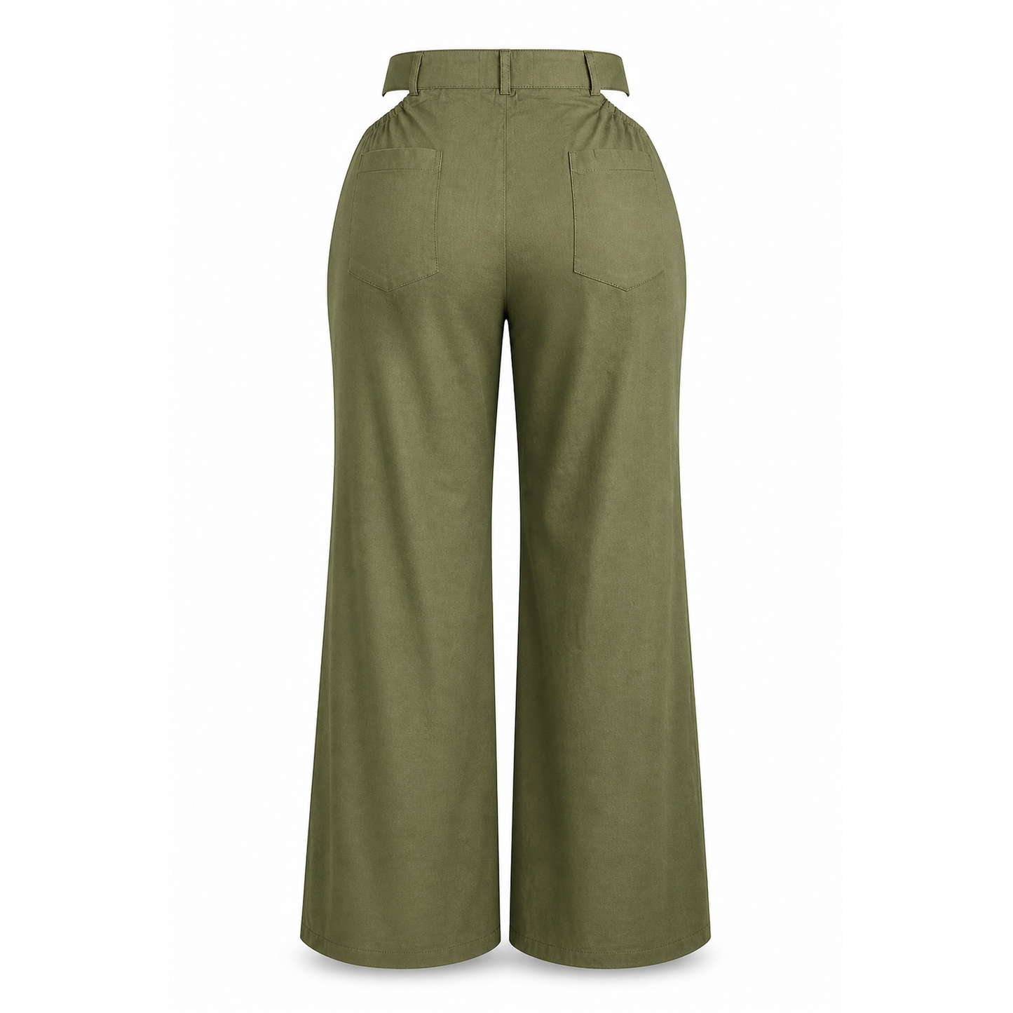 Olive wide-leg pants with cutout waist detail and high-rise fit, relaxed silhouette back view