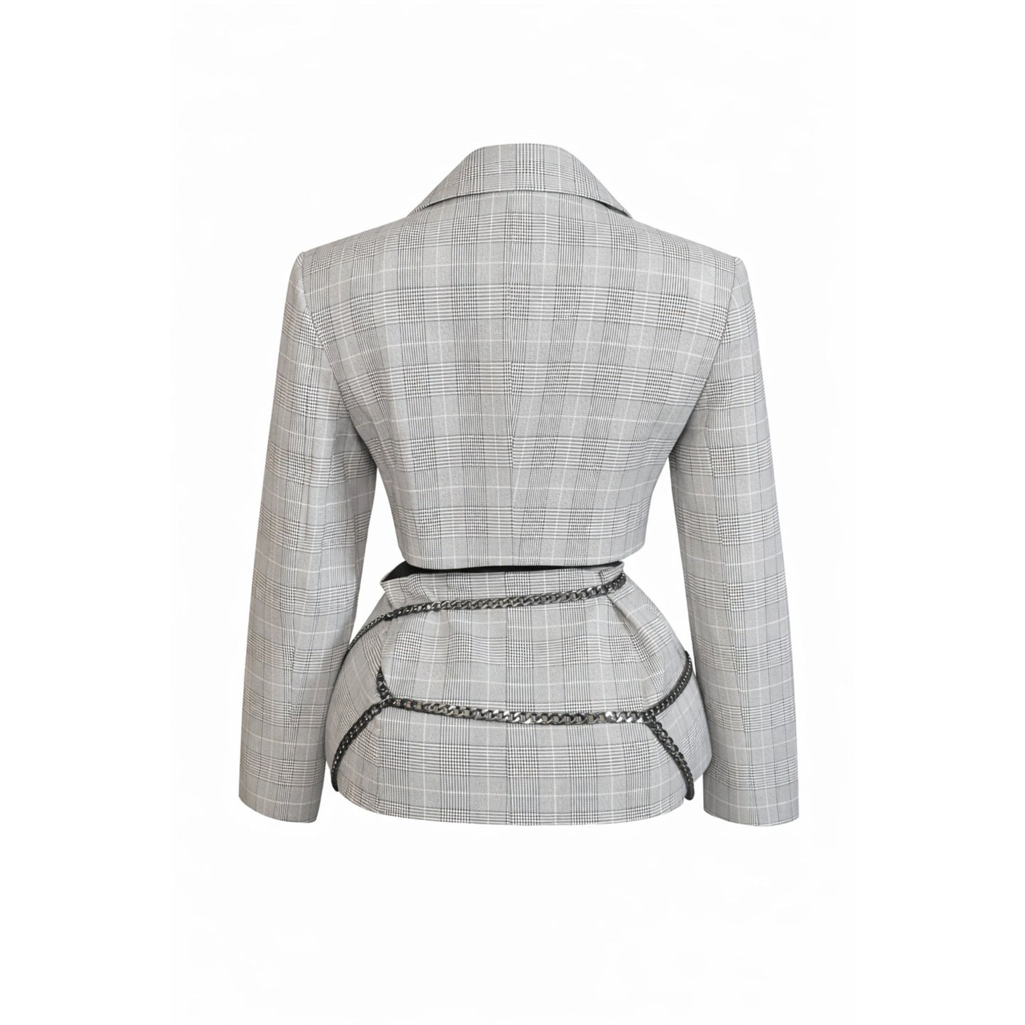 Back view of women's grey plaid blazer with waist cut-out and chain detail.