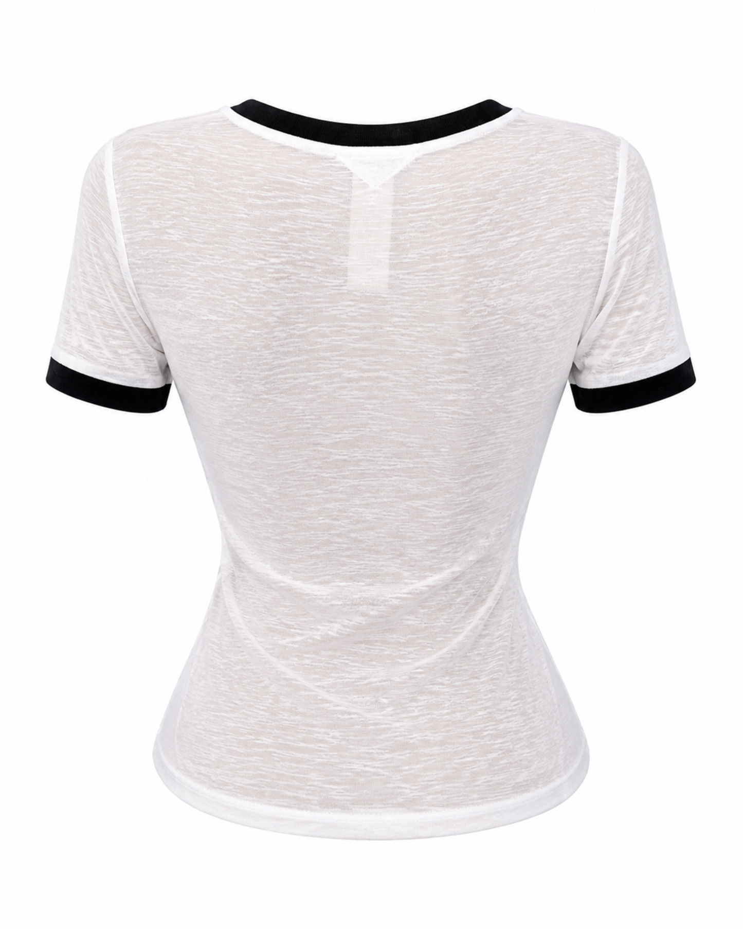 Back view of Project Supermodel sheer mesh fitted tee in black and white.