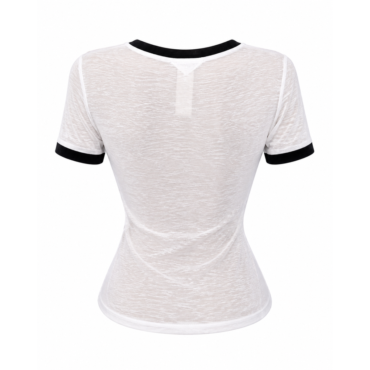 Back view of Project Supermodel sheer mesh fitted tee in black and white.