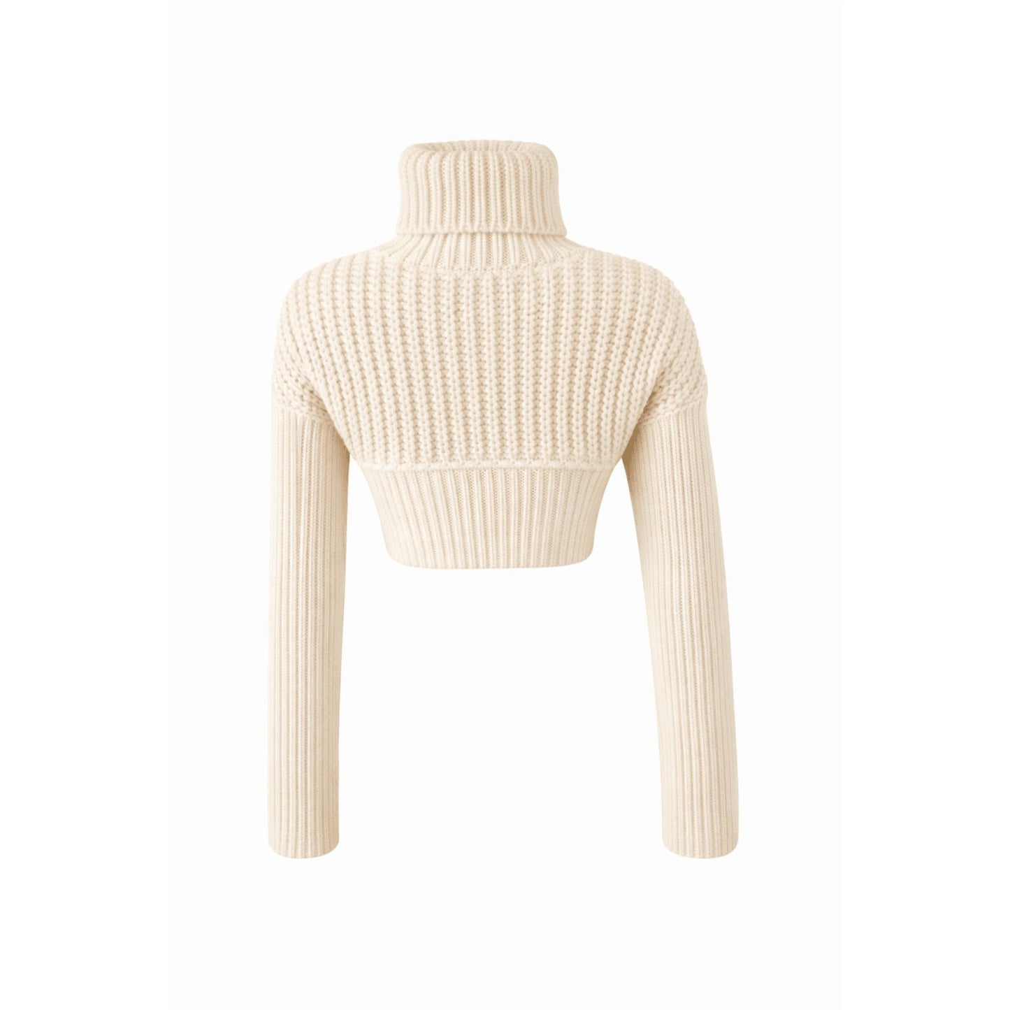 Back view of cream chunky knit pullover sweater with high turtleneck, long sleeves, ribbed texture, and cropped fit made from 100% acrylic.