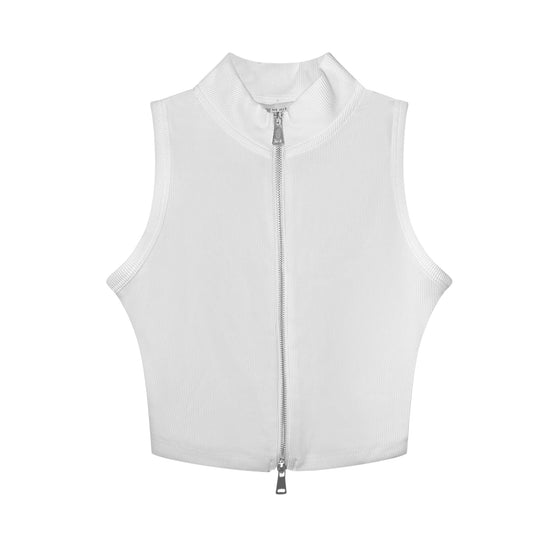 White sleeveless ribbed crop top with mock neck and two way silver front zipper detail.
