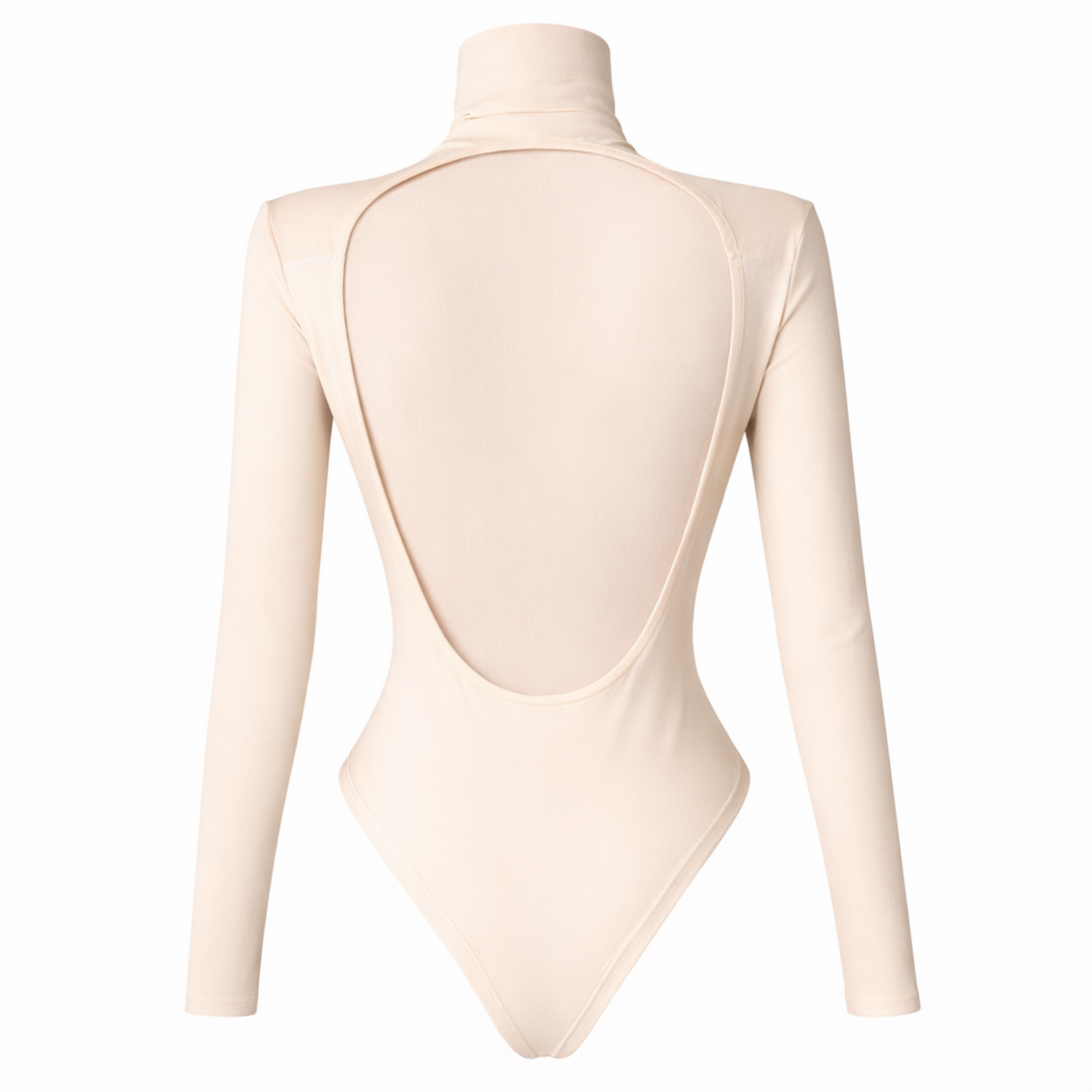 Back view of soft nude open-back long-sleeve bodysuit with subtle shoulder pads.