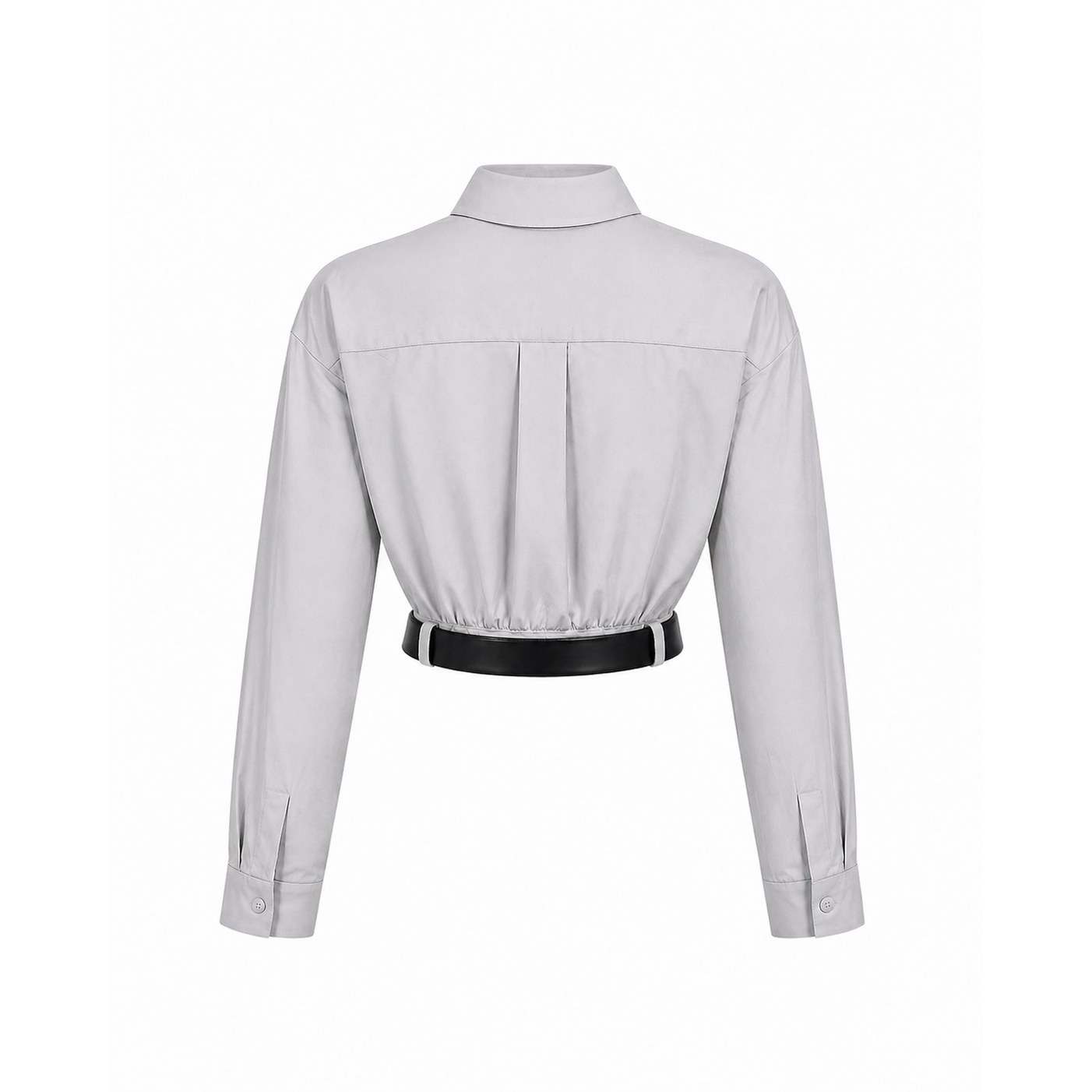 Structured belted cropped shirt back view in light grey with long sleeves and tailored fit