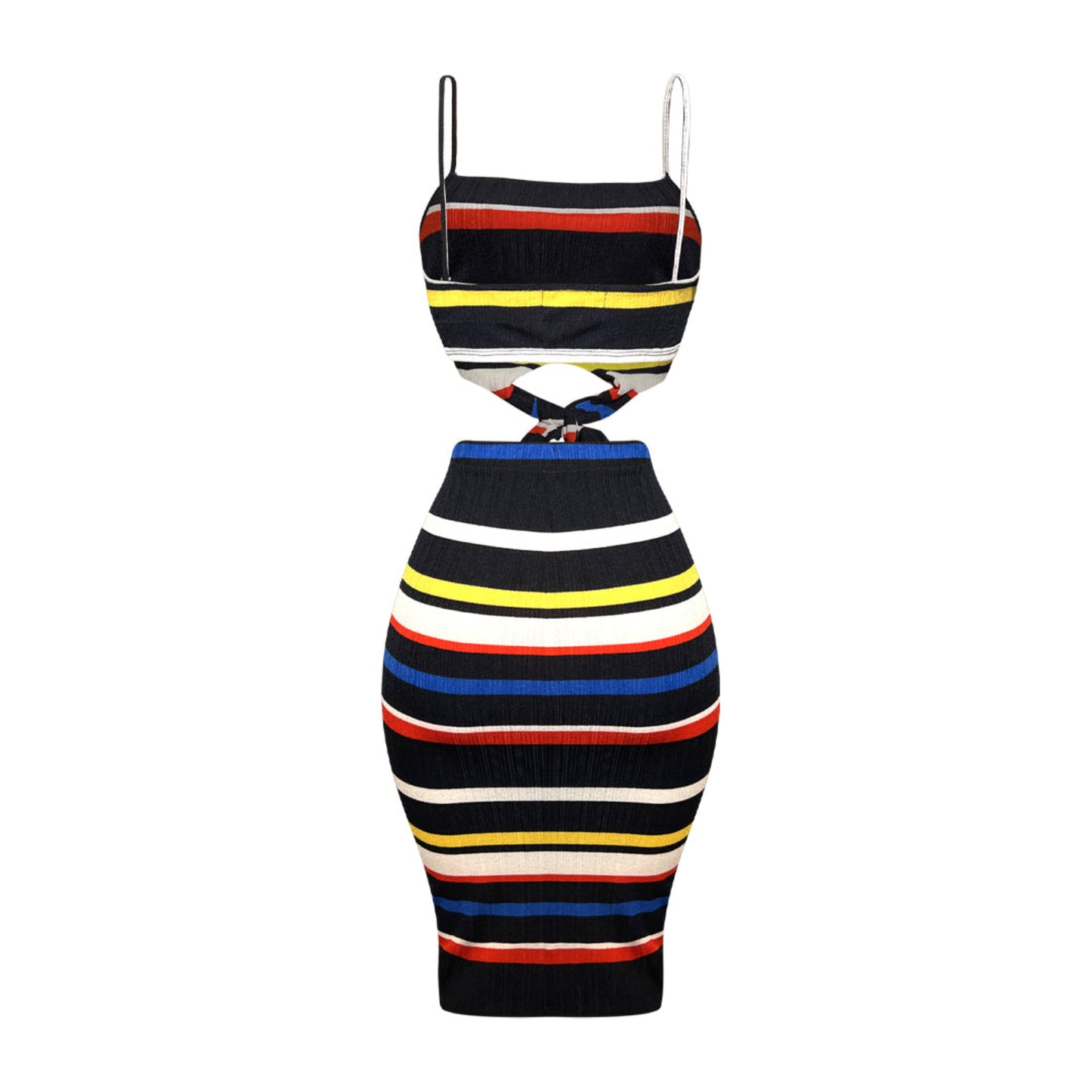 Back view of colorblock spaghetti strap crop top and midi skirt two piece set featuring multicolor striped design and fitted high waist midi skirt silhouette.
