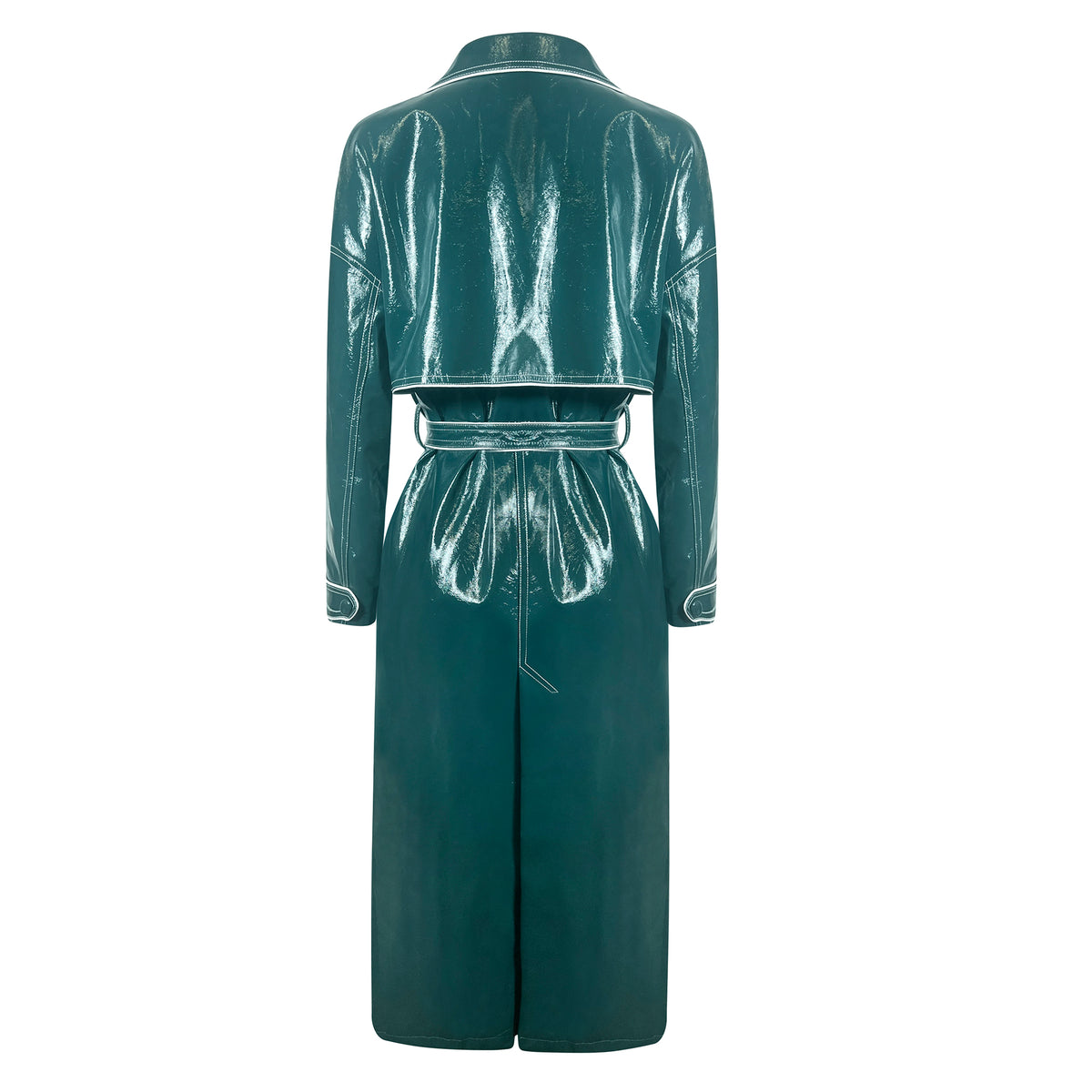 Back view of emerald teal patent leather trench coat with belt, wide lapel, long sleeves, front pockets, and back flap.