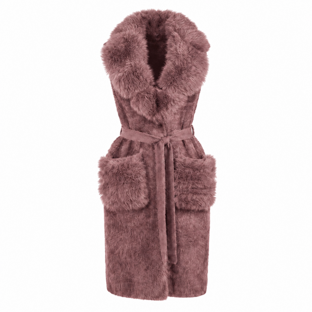 Dusty mauve sleeveless faux fur overcoat with soft fur collar, waist belt, and two functional front pockets.