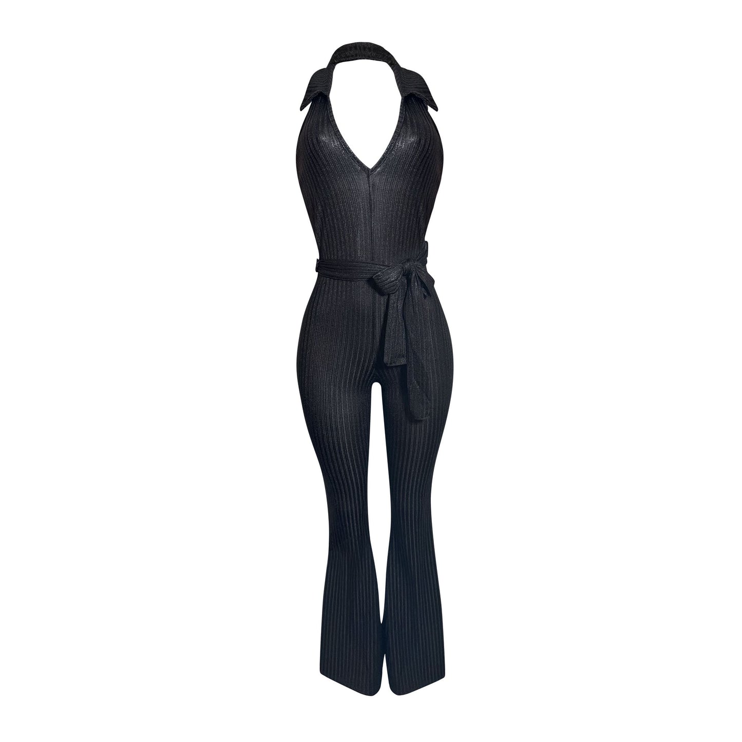Black Ribbed Halter Flare Jumpsuit