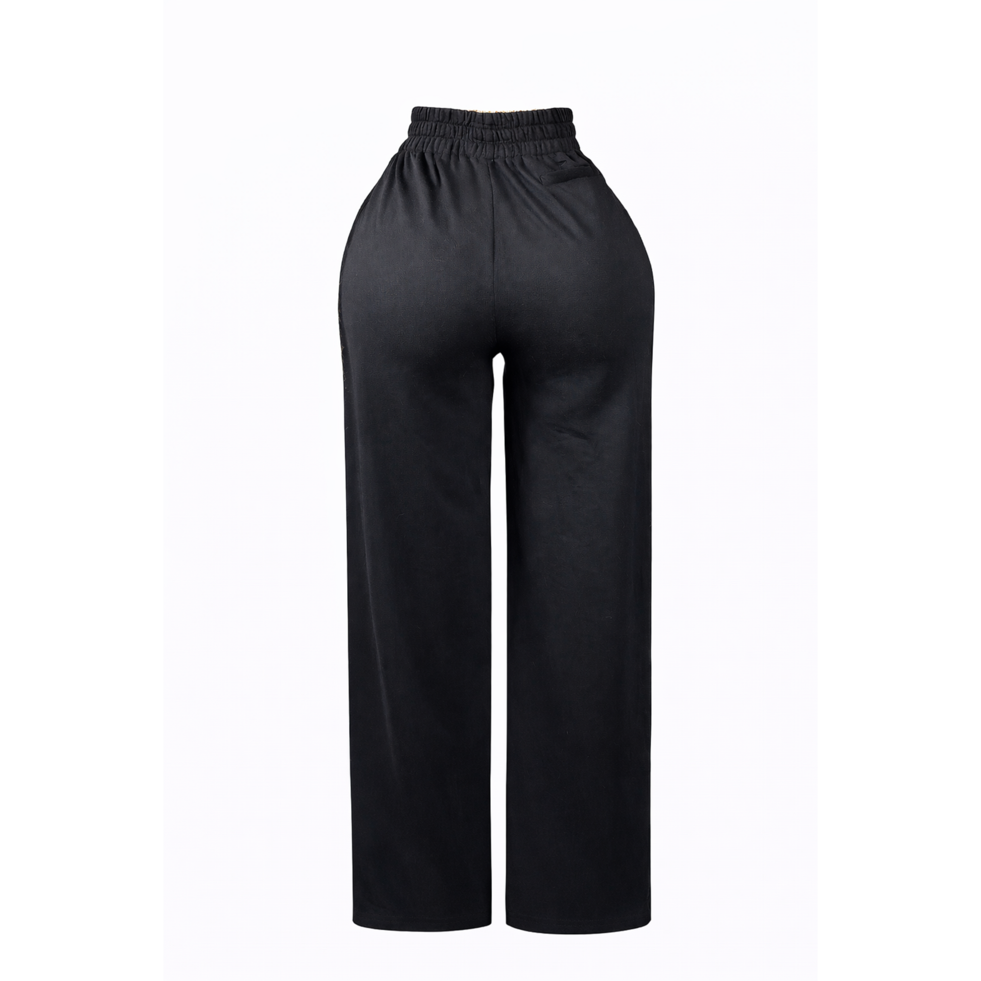 Back view of high-waisted denim top slit sweatpants featuring a button-closure waistband with attached wide-leg sweatpants and denim panel detailing.