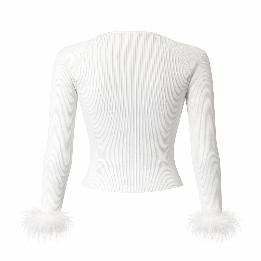 White ribbed long sleeve crop top with feather cuffs