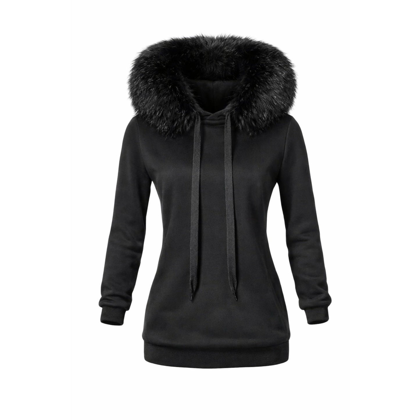 Black hoodie  dress with a faux fur-lined hood with drawstrings and long sleeves. 