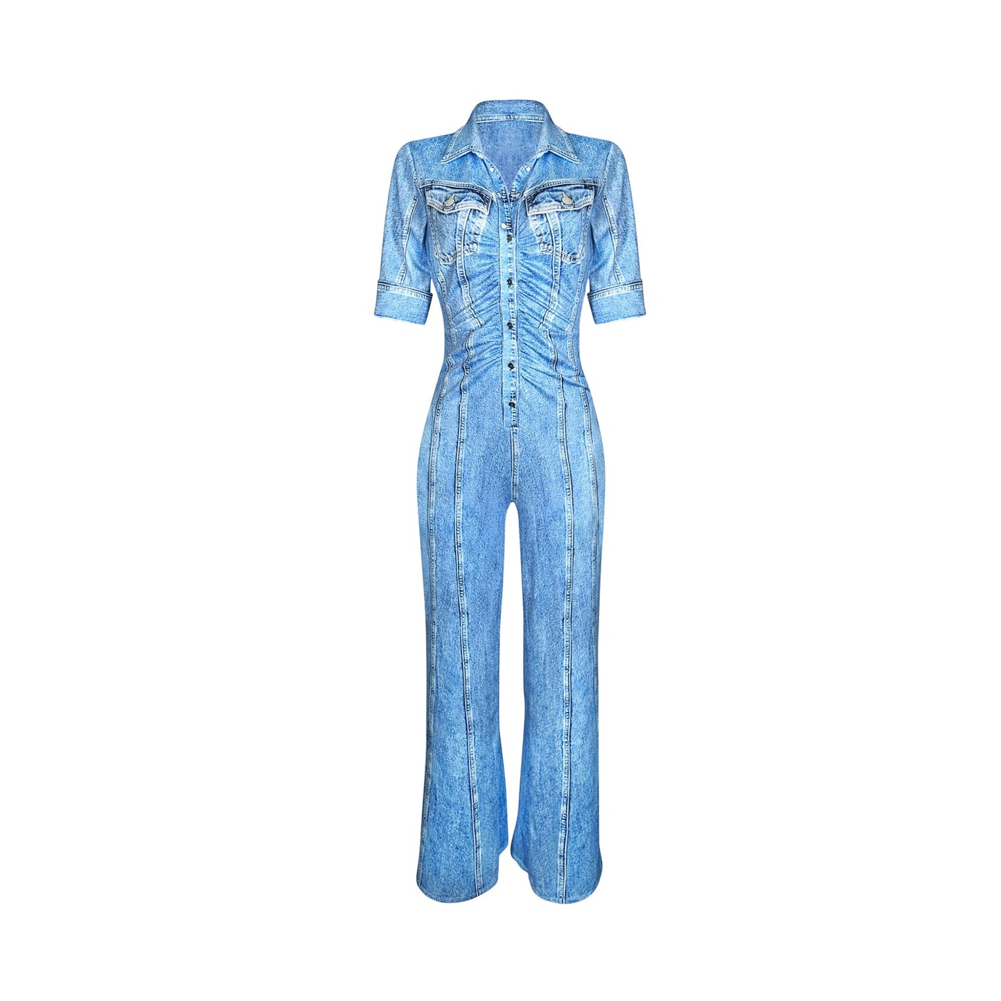 Blue denim printed, short sleeve button down jumpsuit with wide leg.  Stretch 95% Polyester 5% Spandex. 