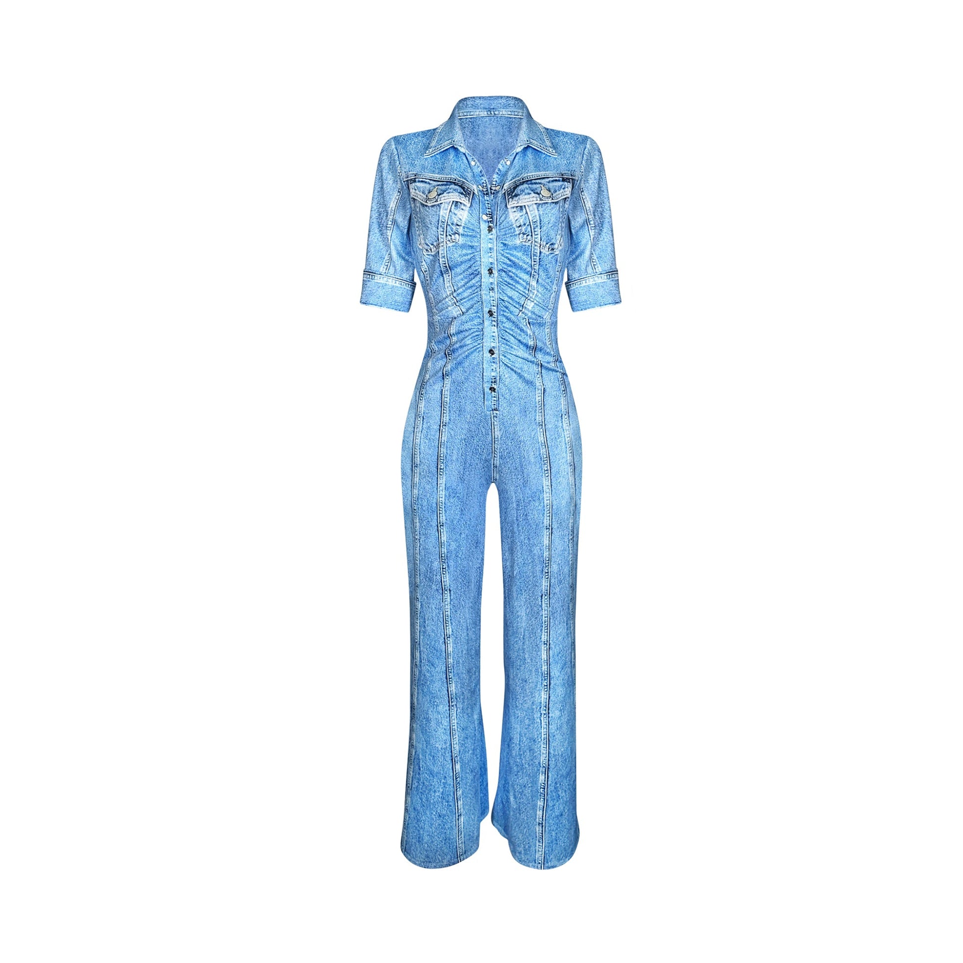 Blue denim printed, short sleeve button down jumpsuit with wide leg.  Stretch 95% Polyester 5% Spandex. 