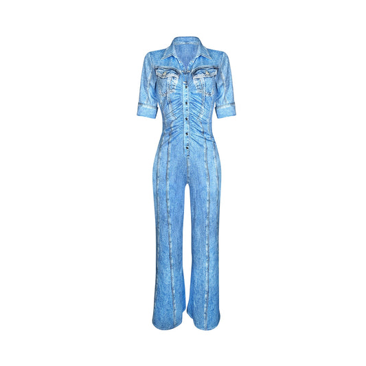 Blue denim printed, short sleeve button down jumpsuit with wide leg.  Stretch 95% Polyester 5% Spandex. 