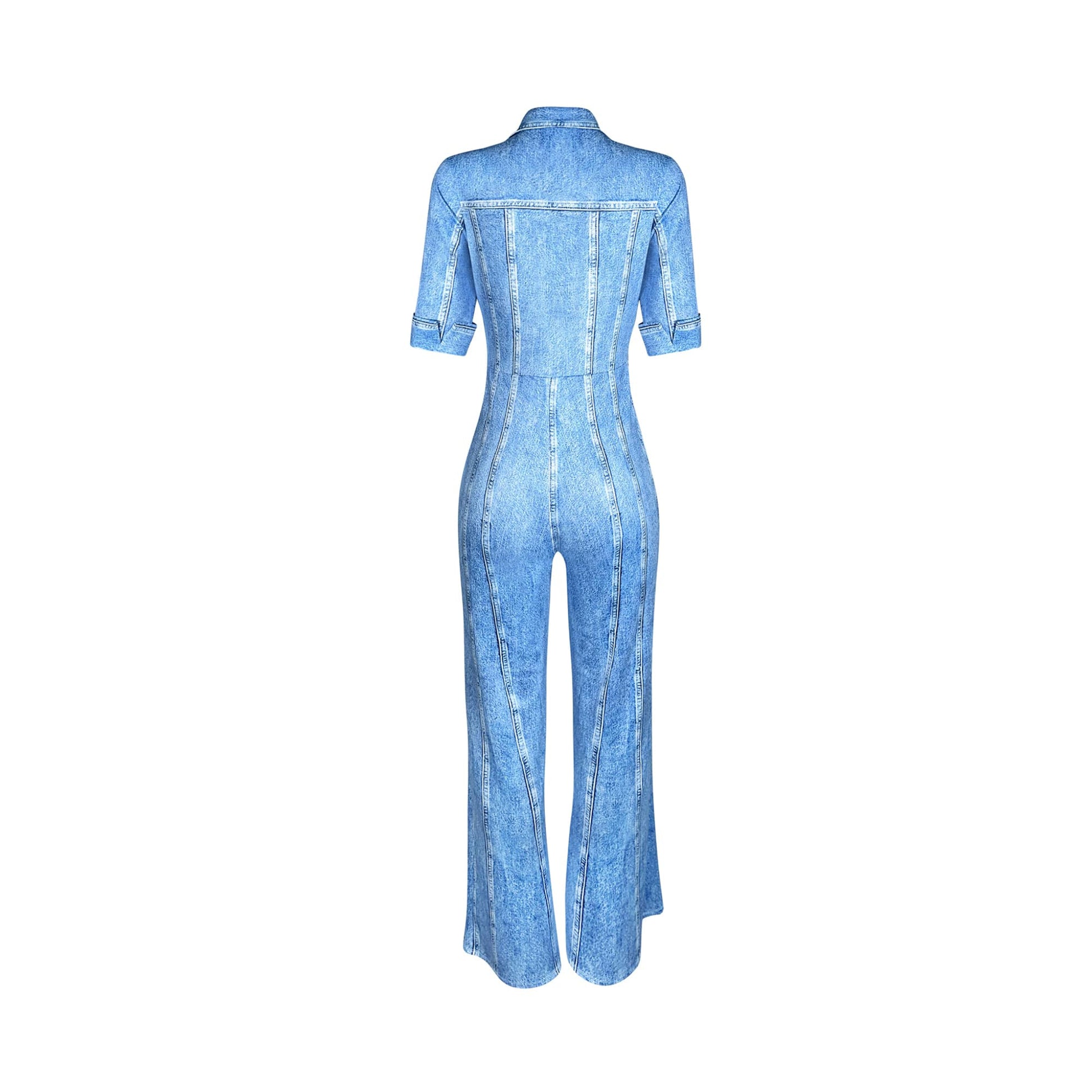Blue denim printed, short sleeve button down jumpsuit with wide leg.  Stretch 95% Polyester 5% Spandex. 