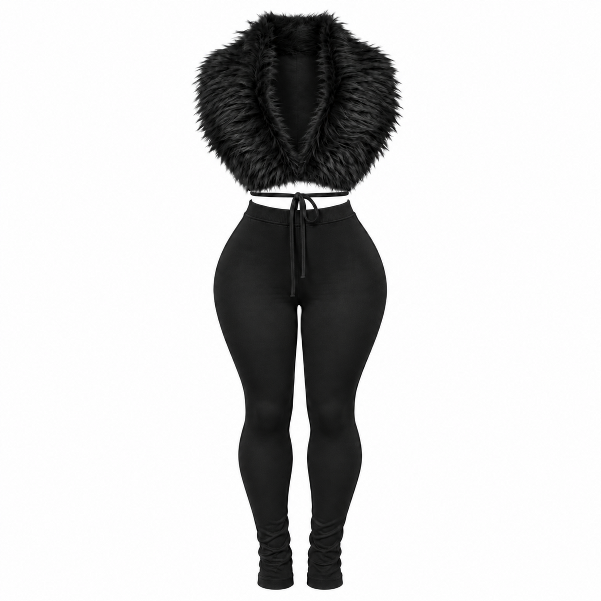 Women’s black plush faux fur legging set featuring a cropped faux fur top, high-waisted fitted leggings, and wraparound waist ties.
