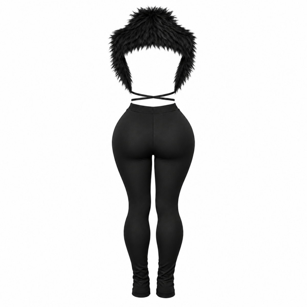 Women’s black plush faux fur two-piece legging set featuring an open-back faux fur top and high-waisted fitted leggings.
