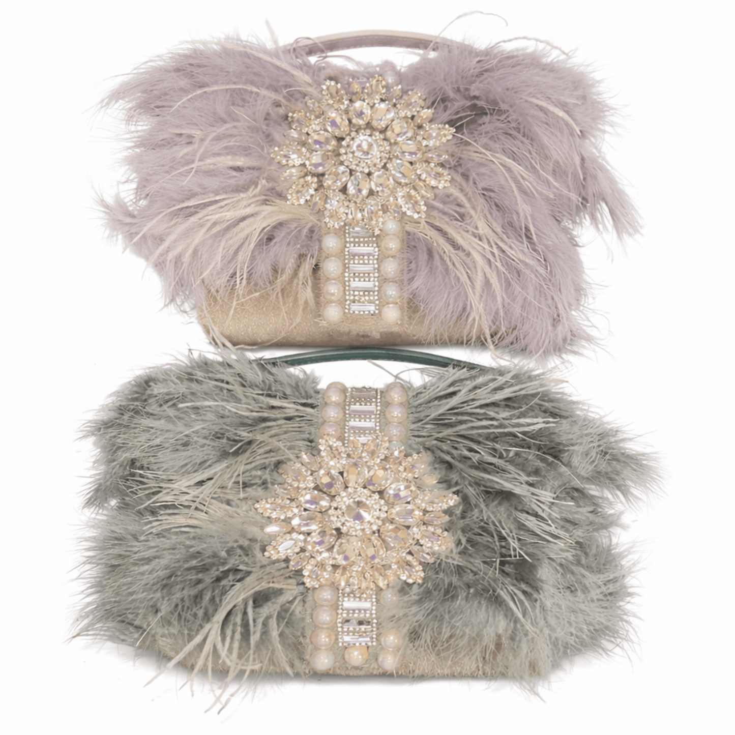 Luxury feather clutch handbag with crystal and pearl embellishments, featuring a jeweled centerpiece, soft feather detailing, and a structured top handle. 