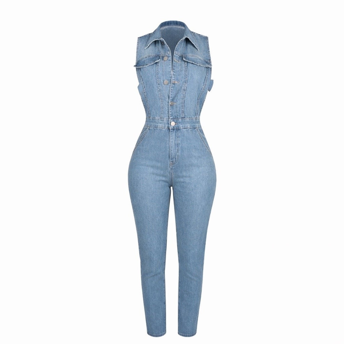 Medium wash denim jumpsuit with sleeveless button down design, side cut out details on both sides, fitted waist, and skinny leg stretch denim silhouette.