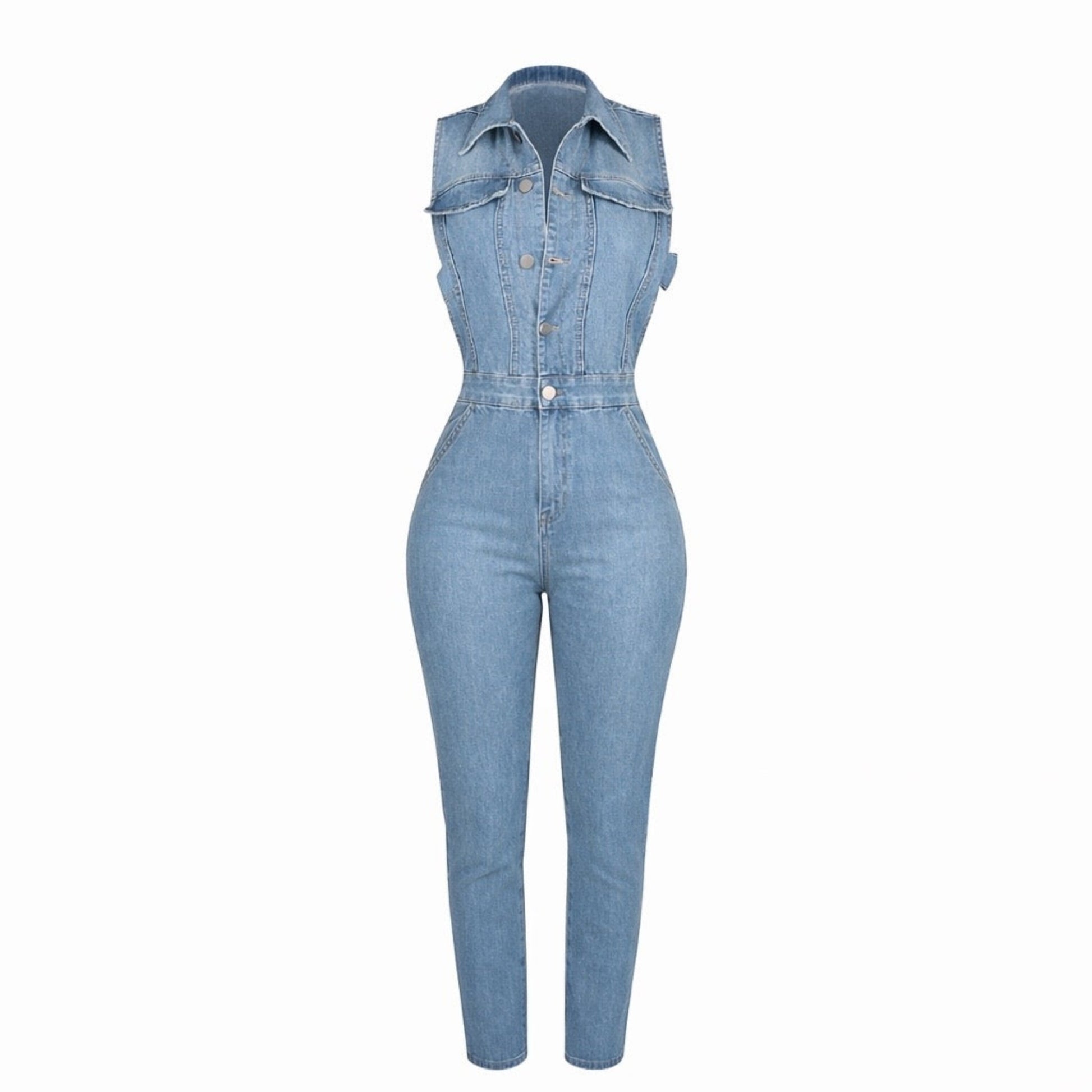 Medium wash denim jumpsuit with sleeveless button down design, side cut out details on both sides, fitted waist, and skinny leg stretch denim silhouette.
