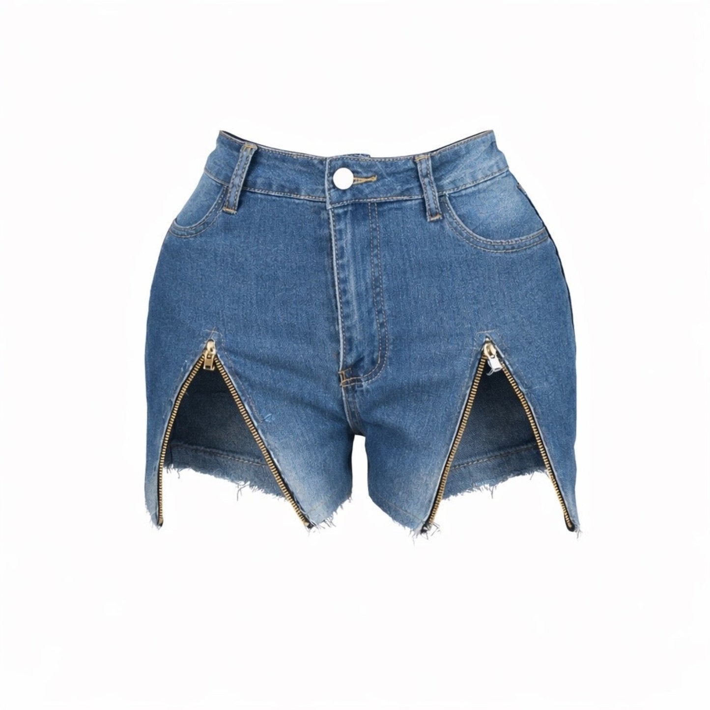 Medium wash high waist denim shorts with zipper cutout detail, distressed hem, high stretch fabric, and high rise fit.