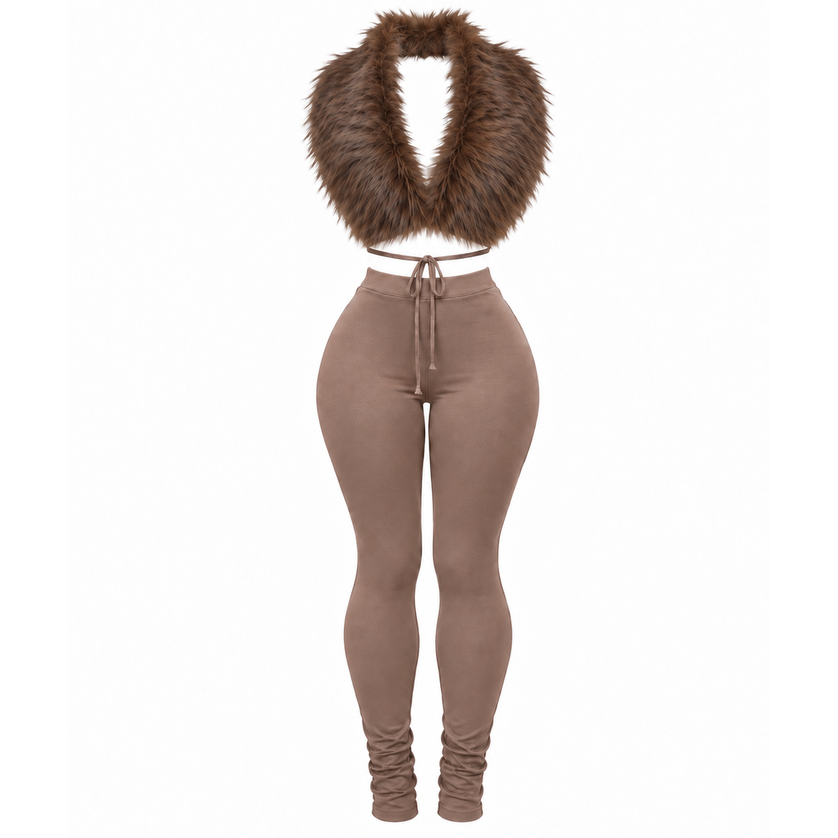 A two-piece women's outfit featuring high-waisted, drawstring brown leggings with ruched ankle cuffs and a matching faux-fur cropped vest in a dark brown shade, shown on a white background.