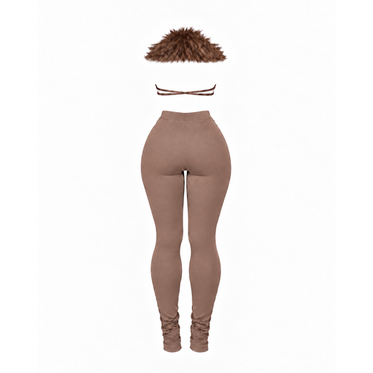 Women’s mocha brown plush faux fur two-piece legging set featuring an open-back faux fur top and high-waisted fitted leggings.