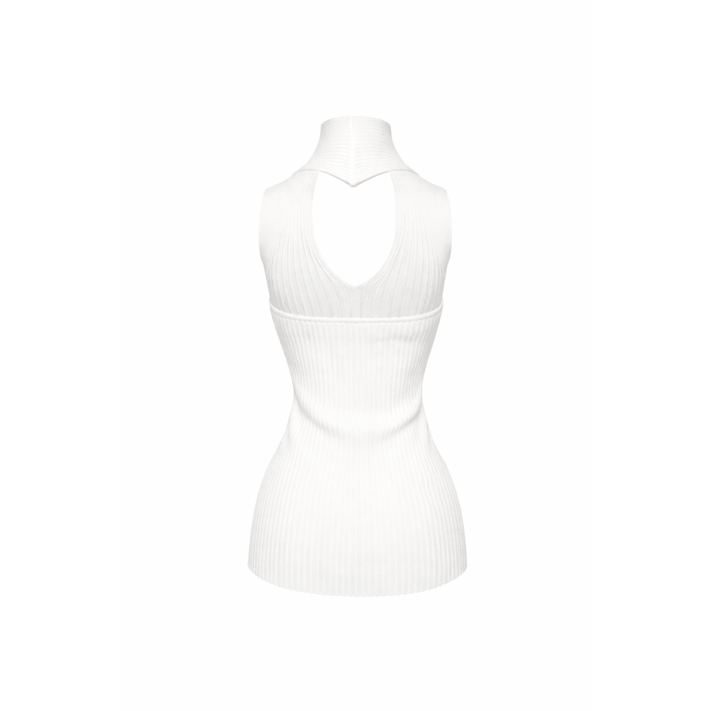 Open-back ribbed knit halter top back view.