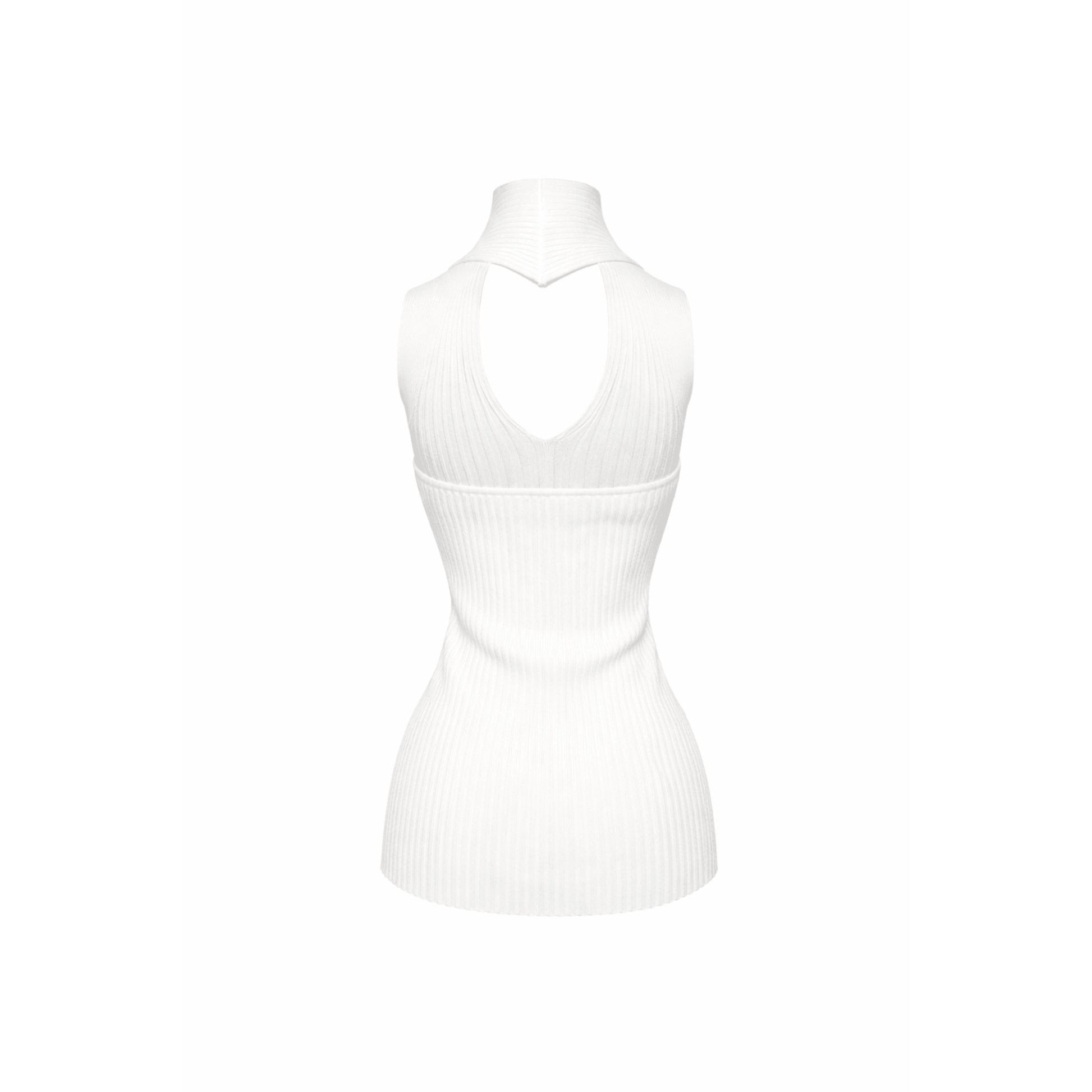 Open-back ribbed knit halter top back view.
