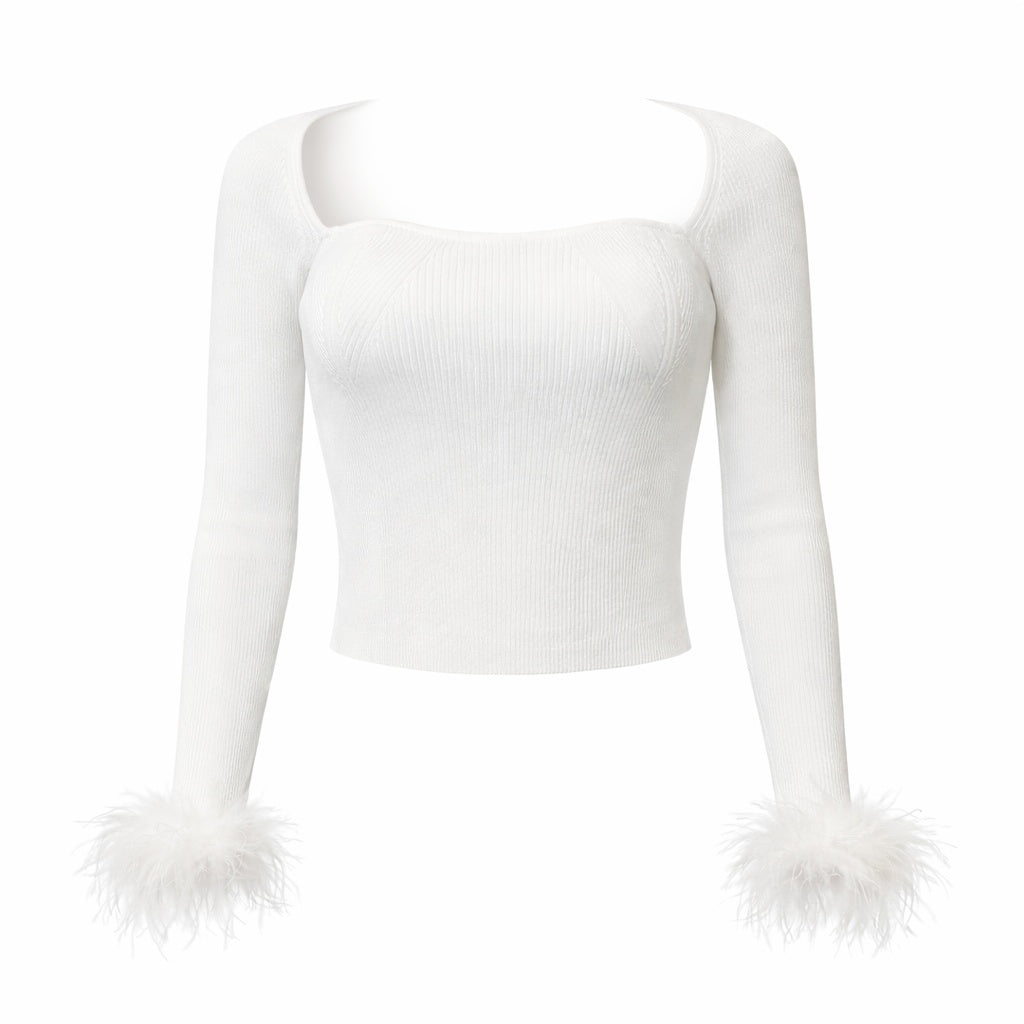 White ribbed long sleeve crop top with square neckline and feather cuff sleeves. 